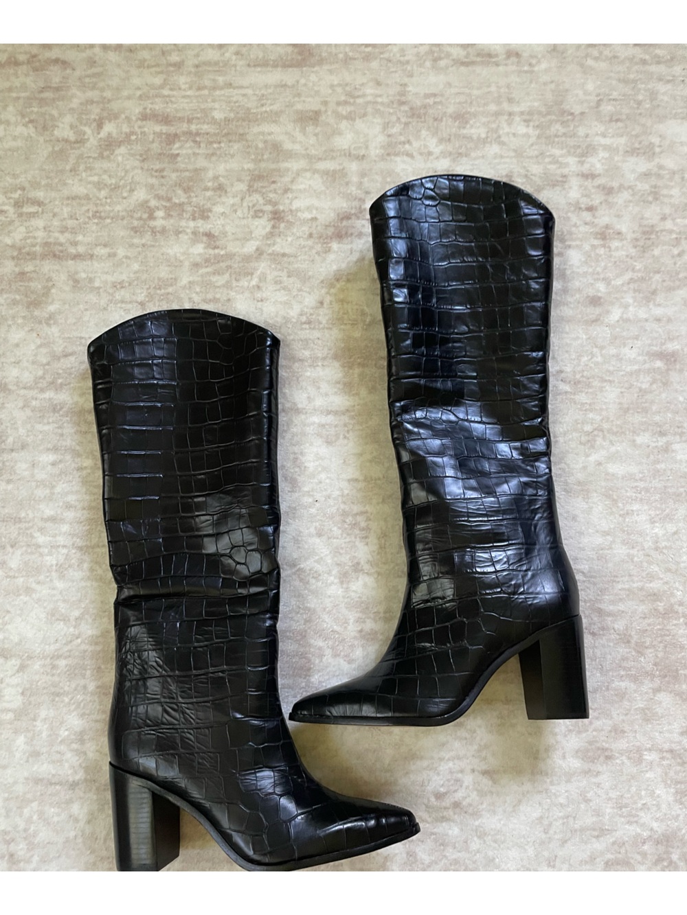 Schutz Black Croc-Embossed Knee Boots - High Block Heel